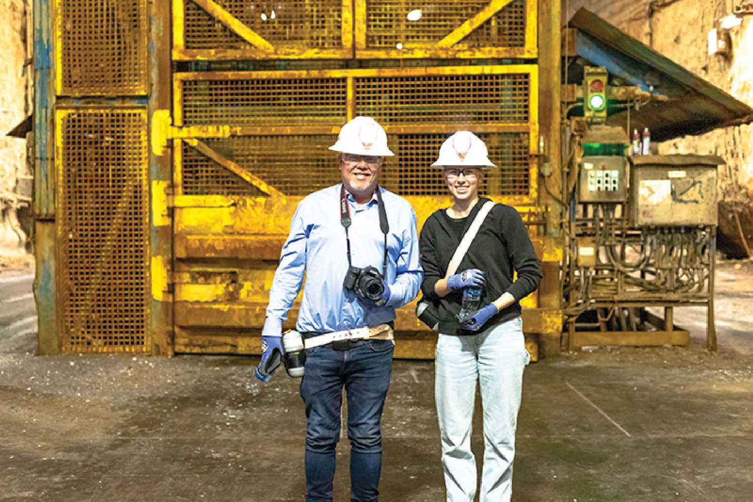 Kevin Weedmark and Ashley Bochek of the World-Spectator touring about a kilometre  underground of Nutrien mine at Scissors Creek north of Rocanville.